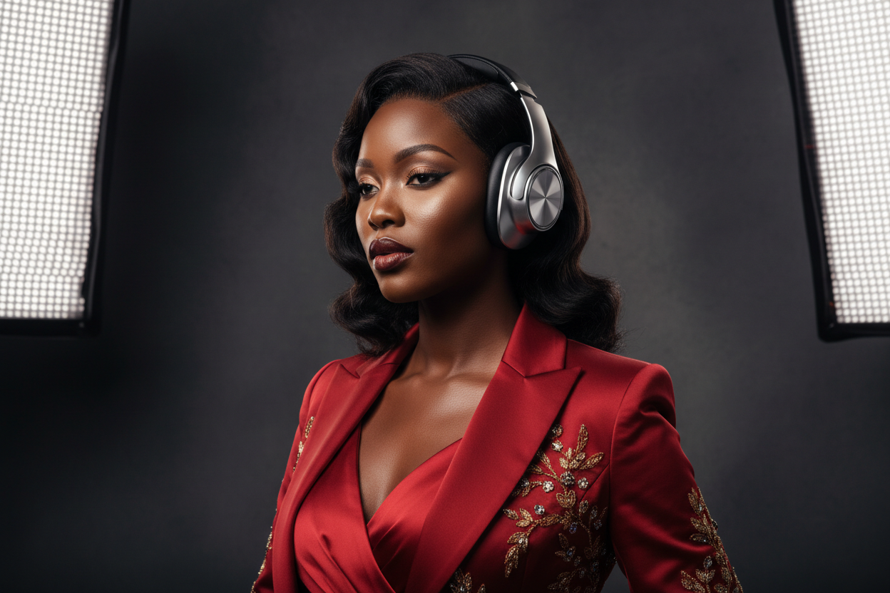black beauty from south africa with headphones luxury female model